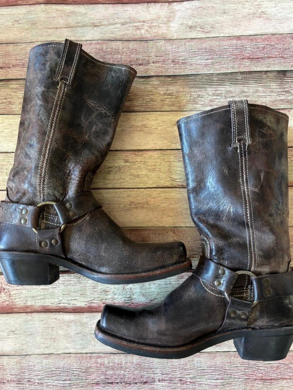 Frye Harness 15R boots are crafted from distressed brown leather